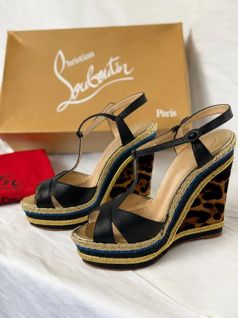 Authentic Christian Louboutin Leopard Pony Hair Platform Wedge Sandals Leather